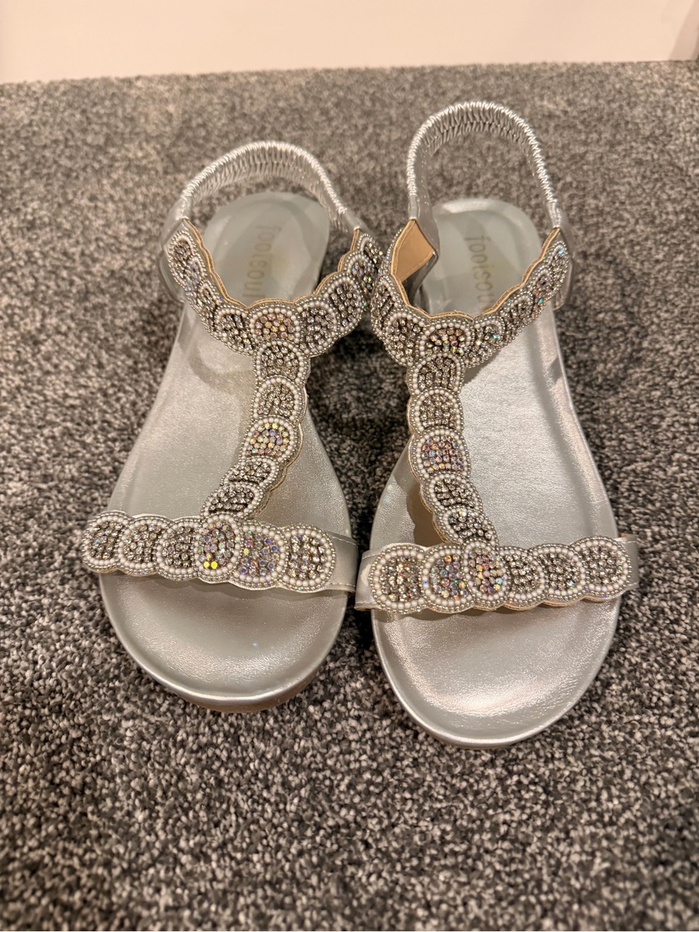 Embellished Silver Women's T-Strap Sandals - Picture 2 of 5